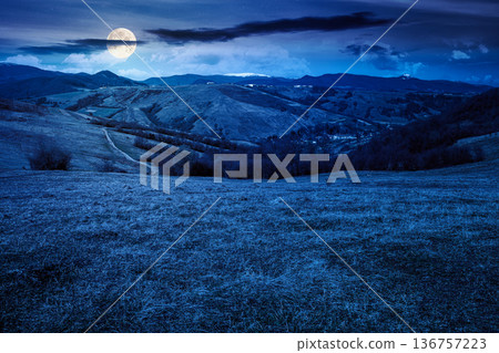 rural landscape with village in valley at night. outdoor adventures in countryside with rolling hills and snowy mountain in early spring in full moon light. backdrop for fiction art or mystery concept rural landscape with village in valley at night. outdoor adventures in countryside with rolling hills and snowy mountain in early spring in full moon light. backdrop for fiction art or mystery concept 136757223