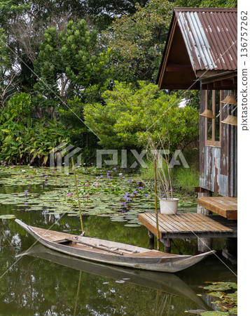 Wooden Rowboat by Rustic Riverside Hut in Lotus Pond. Wooden Rowboat by Rustic Riverside Hut in Lotus Pond. 136757262