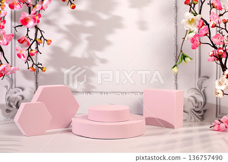 Abstract composition of empty geometric podiums for cosmetic products on a colorful background with pink sakura flowers for design, beautiful spring podium and template for your creativity, Abstract composition of empty geometric podiums for cosmetic products on a colorful background with pink sakura flowers for design, beautiful spring podium and template for your creativity, 136757490
