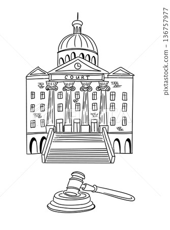 Court building with dome and column in hand drawn outline style with judge gavel. Justice and law concept illustration with legal symbol and architecture design Court building with dome and column in hand drawn outline style with judge gavel. Justice and law concept illustration with legal symbol and architecture design 136757977