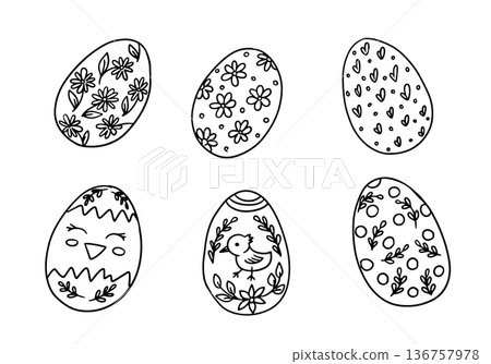 Set of easter egg with floral and chick ornament in hand drawn outline style. Holiday decoration collection with spring symbol and celebration concept Set of easter egg with floral and chick ornament in hand drawn outline style. Holiday decoration collection with spring symbol and celebration concept 136757978