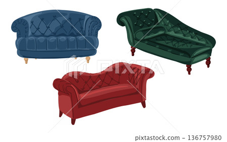 Set of vintage couch and chaise lounge in velveteen upholstery isolated on light background. Classic furniture collection for interior design and home decor concept 136757980