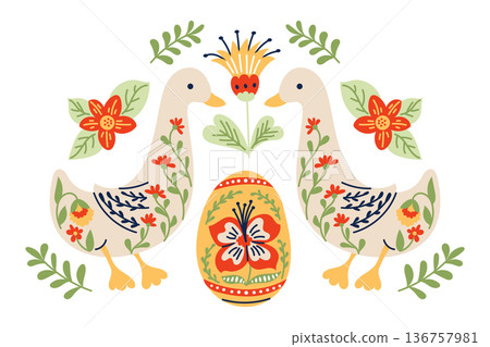 Folk easter composition with goose and decorated egg in floral ornament style. Traditional spring illustration with symmetry and holiday celebration concept 136757981