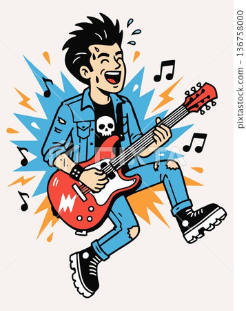 Cartoon illustration of a rock guitarist playing an electric guitar. 136758000