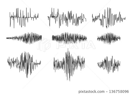 Set of polygraph or seismograph diagram parts isolated on white background. Seismometer or lie detector graphs. Magnitude oscillation measurement or soundwave lines. Vector graphic illustration 136758096