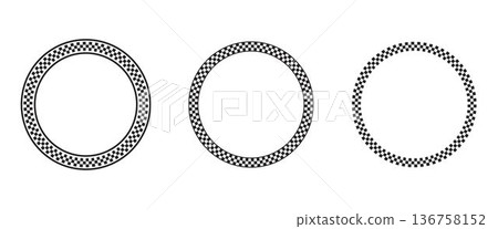 Set of round frames with black and white chequered borders print. Vignettes for picture or photo with rally flag or chess board pattern. Circular geometric frameworks. Vector graphic illistration Set of round frames with black and white chequered borders print. Vignettes for picture or photo with rally flag or chess board pattern. Circular geometric frameworks. Vector graphic illistration 136758152