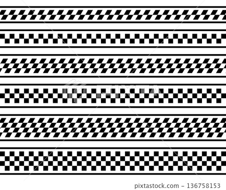 Set of borders with checkered texture. Tapes with race flag, chess board, taxi or police print. Ribbons with repeated black and white squares. Vector graphic illustration 136758153