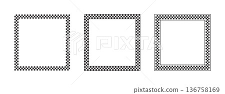 Set of square frames with checkered print isolated on white background. Quadrangular vignettes with black and white checkerboard, rally flag or chess game plane pattern. Vector graphic illistration Set of square frames with checkered print isolated on white background. Quadrangular vignettes with black and white checkerboard, rally flag or chess game plane pattern. Vector graphic illistration 136758169