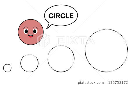 Educational worksheet for kids with cute red circle character for tracing shapes and fine motor skills practice, preschool geometry learning activity on white background 136758172