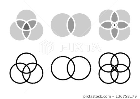 Set of Venn diagrams with 2, 3 and 4 intersected circles isolated on white background. Templates for statistics chart, presentation, analytics schema or infographic layout. Vecor graphic illustration Set of Venn diagrams with 2, 3 and 4 intersected circles isolated on white background. Templates for statistics chart, presentation, analytics schema or infographic layout. Vecor graphic illustration 136758179