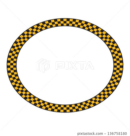 Oval taxi or police style frame with black and yellow checkered borders isolated on white background. Elliptic vignette with checkerboard print. Ellipse shaped framework. Vector flat illistration Oval taxi or police style frame with black and yellow checkered borders isolated on white background. Elliptic vignette with checkerboard print. Ellipse shaped framework. Vector flat illistration 136758180