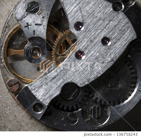 old clockwork, metal gears close up old clockwork, metal gears close up 136758243