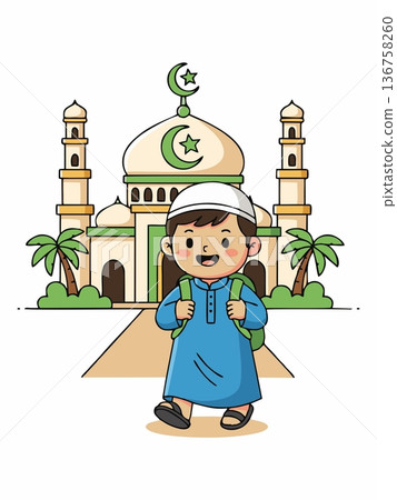 Cute cartoon illustration of a Muslim boy walking towards the mosque 136758260