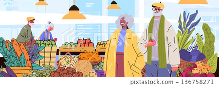 Active seniors shopping healthy lifestyle market scene elderly people choosing fresh fruits vegetables indoor grocery store colorful produce baskets plants Active seniors shopping healthy lifestyle market scene elderly people choosing fresh fruits vegetables indoor grocery store colorful produce baskets plants 136758271
