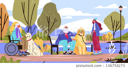 Active seniors with dogs in park autumn landscape elderly man and woman socializing wheelchair bench trees outdoor leisure activity colorful background 136758273