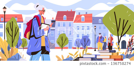 Active seniors learning city walking books education urban park elderly people colorful buildings trees modern flat design 136758274