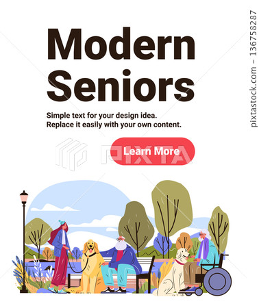 Modern seniors active aging elderly people outdoors walking dogs relaxing park nature landscape colorful flat design website banner Modern seniors active aging elderly people outdoors walking dogs relaxing park nature landscape colorful flat design website banner 136758287