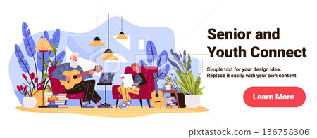 Senior and youth connect music lesson guitar playing intergenerational activity cozy living room plants books modern interior website banner Senior and youth connect music lesson guitar playing intergenerational activity cozy living room plants books modern interior website banner 136758306