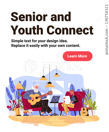 Senior and youth connect intergenerational music lesson elderly man playing guitar child learning cozy living room plants books Senior and youth connect intergenerational music lesson elderly man playing guitar child learning cozy living room plants books 136758321