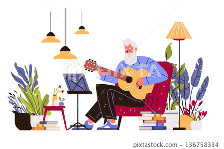 Senior man playing guitar music hobby home cozy interior plants books lamps armchair leisure activity active aging concept Senior man playing guitar music hobby home cozy interior plants books lamps armchair leisure activity active aging concept 136758334