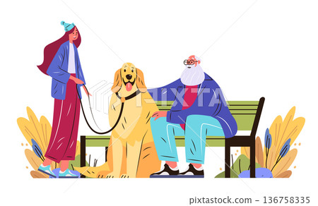 Active seniors outdoor lifestyle elderly man sitting bench woman walking dog autumn park colorful plants casual clothes Active seniors outdoor lifestyle elderly man sitting bench woman walking dog autumn park colorful plants casual clothes 136758335