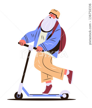 Active senior man riding scooter healthy lifestyle modern elderly person backpack helmet casual clothing white background 136758336