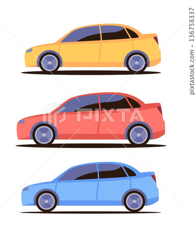 Sedan cars side view colorful modern vehicles three different colors isolated on white background automotive transport clipart 136758337
