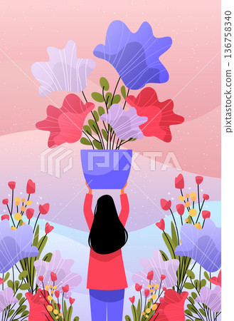 8 March womens day girl holding flowers bouquet celebrating spring holiday colorful floral background abstract landscape 136758340