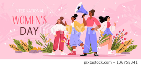 8 March womens day diverse women empowerment celebration group standing together flowers pink background modern banner 8 March womens day diverse women empowerment celebration group standing together flowers pink background modern banner 136758341