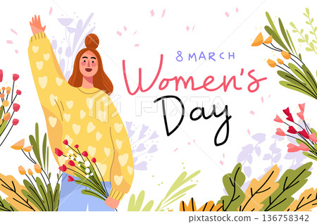 8 March womens day celebration woman holding flowers cheerful girl in yellow sweater surrounded by colorful floral decoration festive background 8 March womens day celebration woman holding flowers cheerful girl in yellow sweater surrounded by colorful floral decoration festive background 136758342