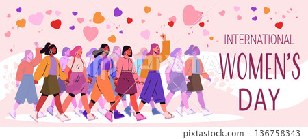 8 March womens day diverse group women march unity empowerment pink background hearts modern flat banner 8 March womens day diverse group women march unity empowerment pink background hearts modern flat banner 136758343