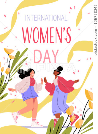 8 March womens day celebration diverse women dancing flowers abstract shapes festive background website banner 8 March womens day celebration diverse women dancing flowers abstract shapes festive background website banner 136758345