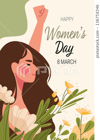 8 March womens day strong woman raised fist empowerment floral bouquet abstract background pastel colors 8 March womens day strong woman raised fist empowerment floral bouquet abstract background pastel colors 136758346