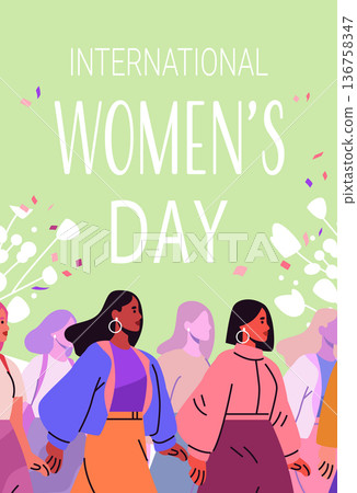 8 March womens day diverse women marching together empowerment unity flowers pastel background flat design 8 March womens day diverse women marching together empowerment unity flowers pastel background flat design 136758347