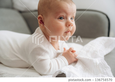 On the sofa. Cute little baby is lying down On the sofa. Cute little baby is lying down 136758570