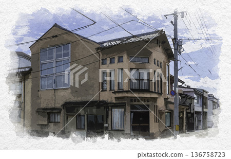 廣島縣莊原市東城路東城街景水彩畫 廣島縣莊原市東城路東城街景水彩畫 136758723