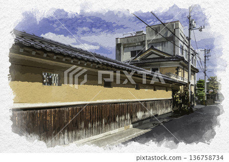 Watercolor-style Tojo Townscape, Shobara City, Hiroshima Prefecture 136758734