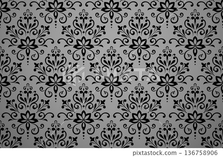 Wallpaper in the style of Baroque. Gray and black floral ornament. Seamless vector background. Graphic pattern for fabric, wallpaper, packaging. Ornate Damask flower illustration Wallpaper in the style of Baroque. Gray and black floral ornament. Seamless vector background. Graphic pattern for fabric, wallpaper, packaging. Ornate Damask flower illustration 136758906