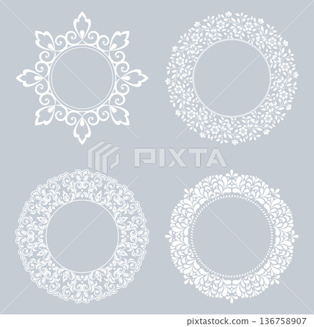 Set of decorative frames Elegant vector element for design in Eastern style, place for text. Floral gray and white frames. Lace illustration for invitations and greeting cards 136758907