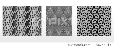 Geometric set of seamless black and gray patterns. Simple vector graphics Geometric set of seamless black and gray patterns. Simple vector graphics 136758913