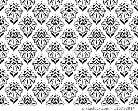 Flower geometric pattern. Seamless vector background. White and black ornament. Ornament for fabric, wallpaper, packaging. Decorative print. Flower geometric pattern. Seamless vector background. White and black ornament. Ornament for fabric, wallpaper, packaging. Decorative print. 136758914