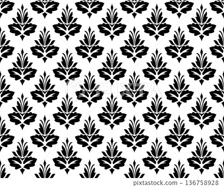 Flower geometric pattern. Seamless vector background. White and black ornament. Flower geometric pattern. Seamless vector background. White and black ornament. 136758928