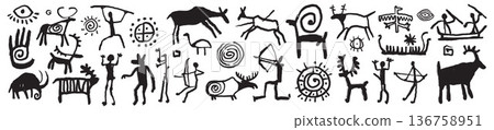 Prehistoric ancient cave art, hand drawn archaeology wall doodle, animal and people silhouette set.  136758951
