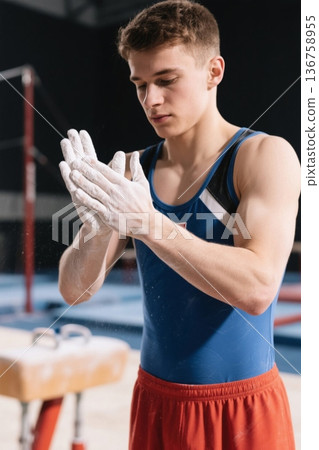 体操运动员准备比赛涂抹镁粉 136758955