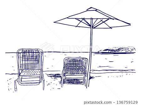 手繪插圖素描夏季海邊風景 136759129