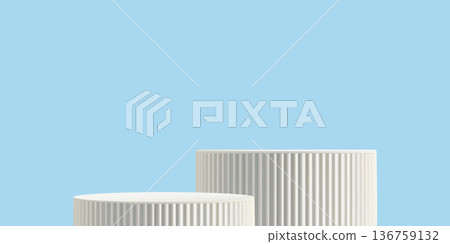 Podium blue bg, 3d sale limbo product stage. Cylinder platform display discount, sky pastel light promotion studio. White pillar cosmetic stand, abstract pedestal grey stair table. Award scene banner 136759132