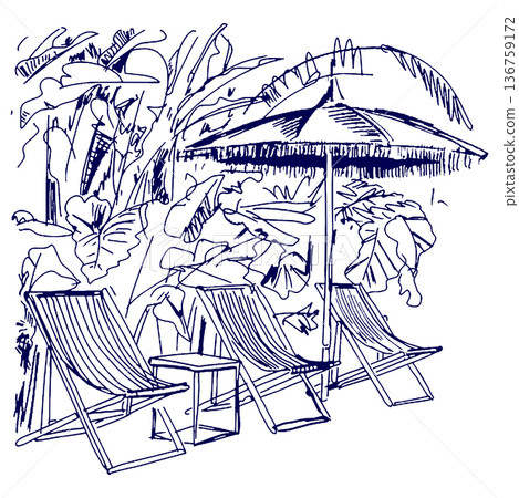 Hand drawn illustration sketch beach umbrella and beach chairs by the pool 136759172