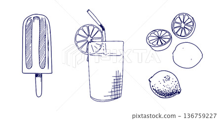Hand drawn illustration sketch ice cream and drink with lemon Hand drawn illustration sketch ice cream and drink with lemon 136759227