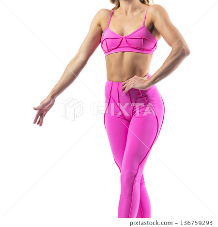 Athletic woman posing in pink sports bra and leggings with transparent background Athletic woman posing in pink sports bra and leggings with transparent background 136759293
