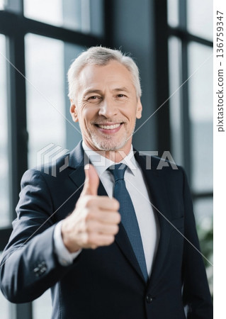 A successful man in a suit gives a thumbs up 136759347